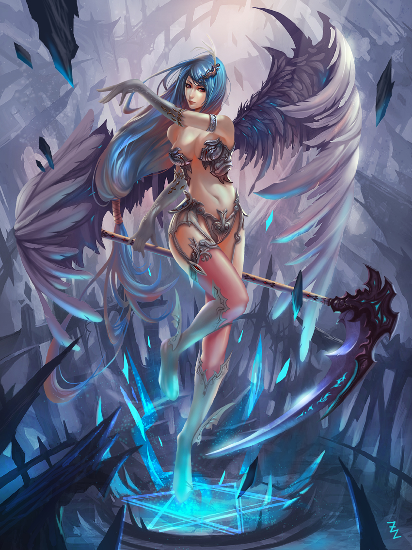 1girl, angel, angel_wings, blue_hair, breasts, cleavage, large_breasts, long_hair, midriff, original, red_eyes, scythe, solo, wings, zudarts_lee
