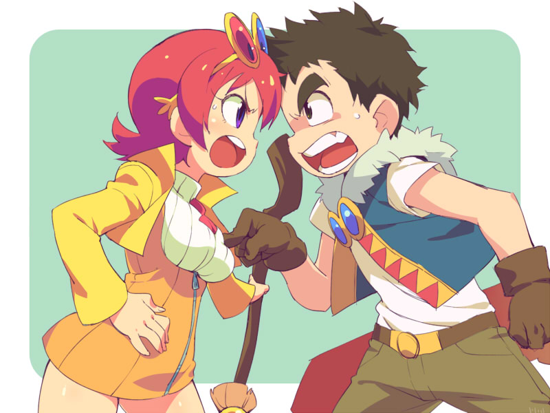 1boy, 1girl, broom, dress, feylin, hagan, om_(nk2007), redhead