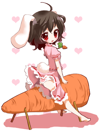 animated, animated_gif, barefoot, black_hair, blinking, blush, bunny_ears, carrot, chibi, chikkuru, dress, gif, inaba_tewi, looking_back, lowres, panties, pantyshot, pink_dress, print_pantiess, rabbit_ears, red_eyes, short_hair, straddle, tail, touhou, underwear, white_panties