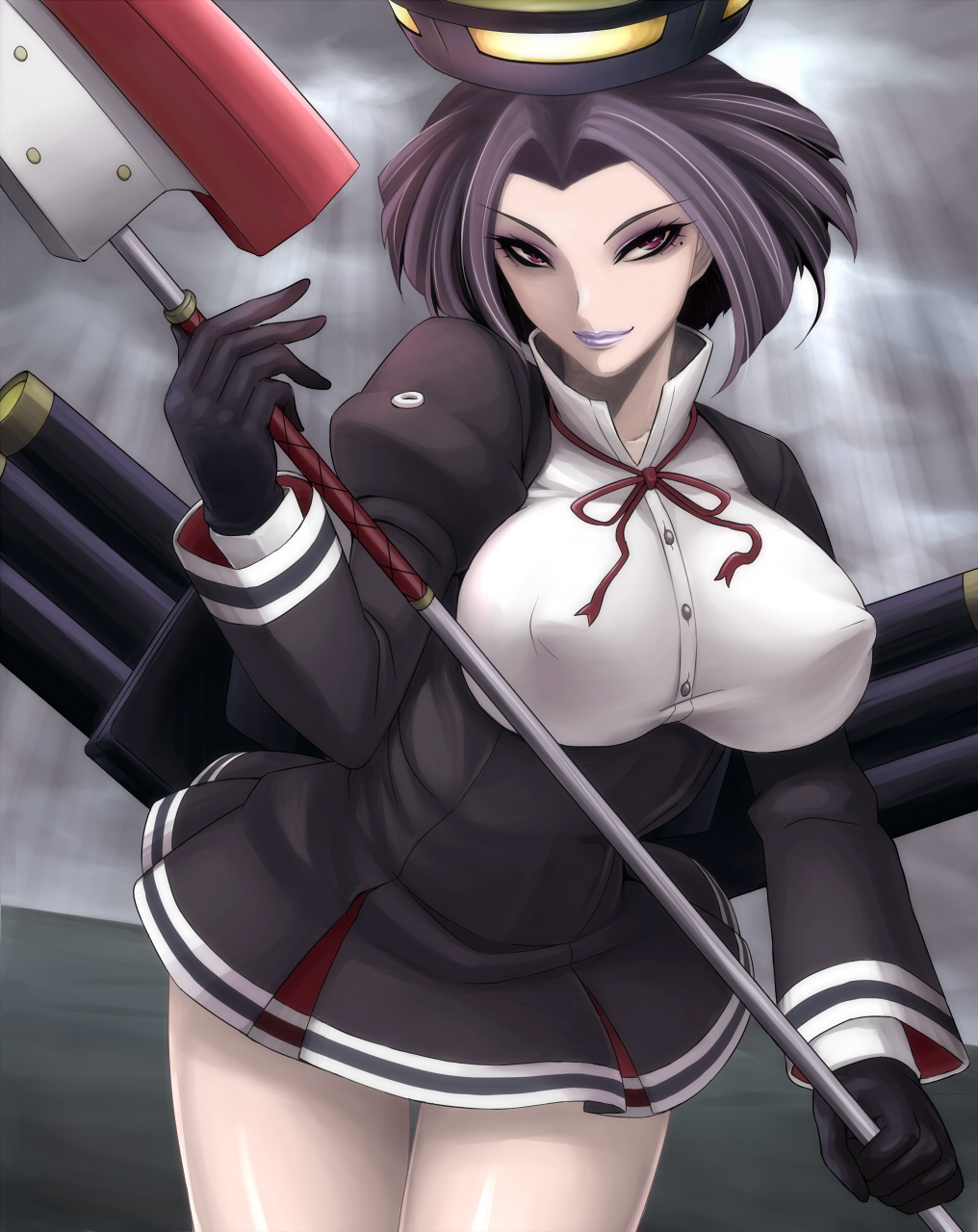 1girl, breasts, glaive, gloves, highres, kantai_collection, lipstick, looking_at_viewer