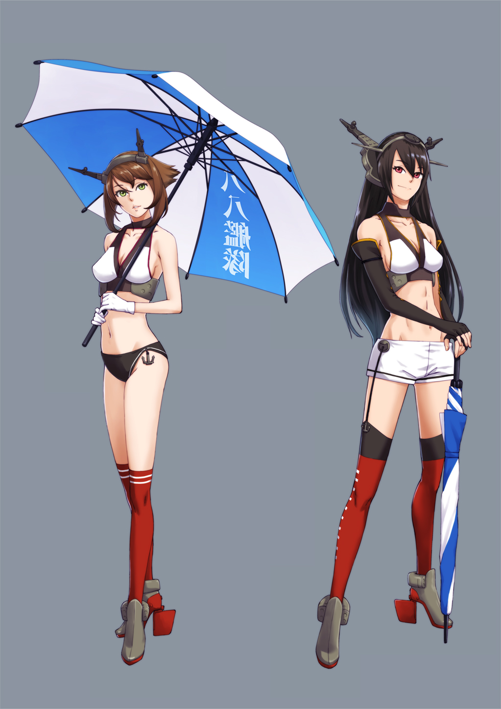 2girls, bikini, black_hair, breasts, brown_hair, elbow_gloves, gloves, green_eyes, hairband, highres, kaburagi_yuki, kantai_collection, long_hair, midriff, multiple_girls, mutsu_(kantai_collection), nagato_(kantai_collection), navel, racequeen, red_eyes, short_hair, swimsuit, thigh-highs, umbrella