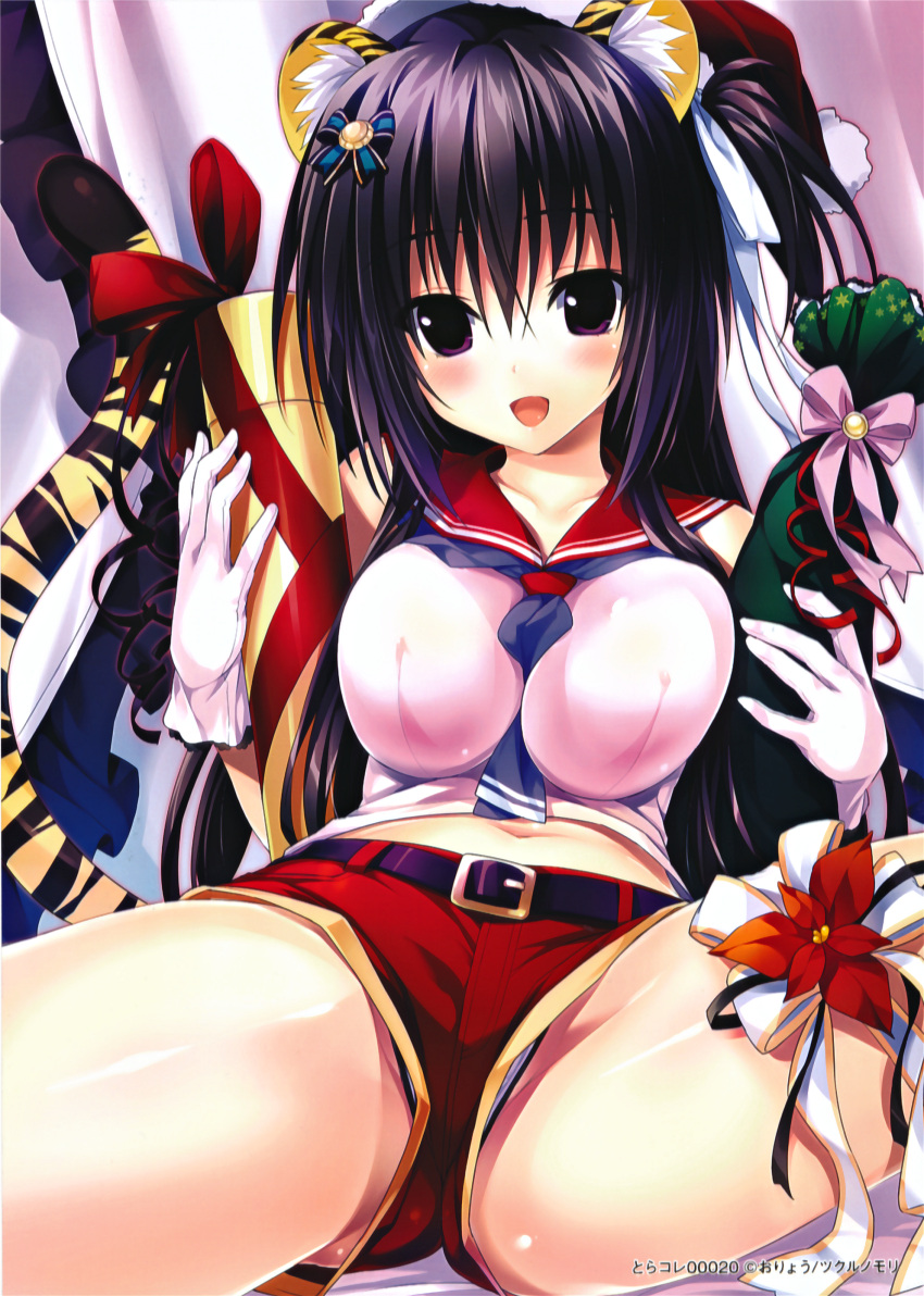 1girl, :d, absurdres, animal_ears, belt, between_breasts, black_hair, blush, breasts, comic_toranoana, gift, hair_ornament, hat, highres, necktie_between_breasts, open_mouth, oryou, panties, pantyshot, santa_hat, short_shorts, shorts, smile, spread_legs, tail, tiger_ears, tiger_tail, underwear, violet_eyes, white_panties