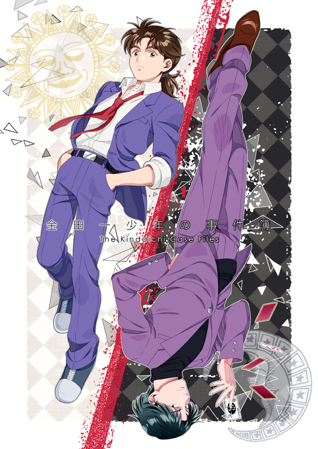 2boys, ar_(rikuesuto), card, copyright_name, formal, kindaichi_hajime, kindaichi_shounen_no_jikenbo, long_hair