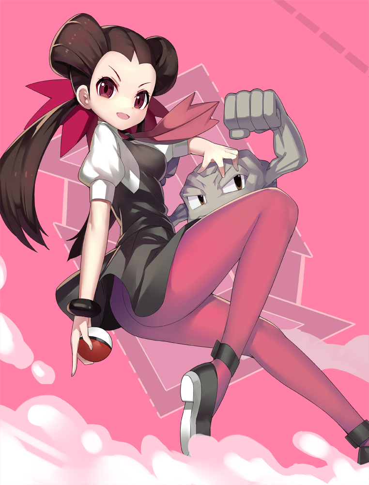 1girl, ascot, blouse, bracelet, brown_hair, dress, full_body, geodude