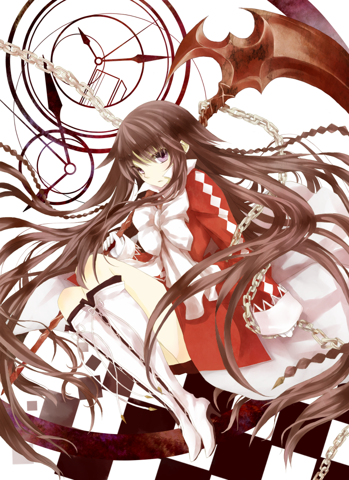 1girl, alice_(pandora_hearts), boots, bow, braid, brown_hair, checkered, clock