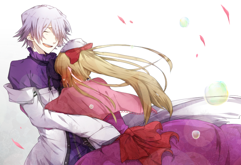 1boy, 1girl, bow, closed_eyes, dress, formal, hair_over_one_eye, hug