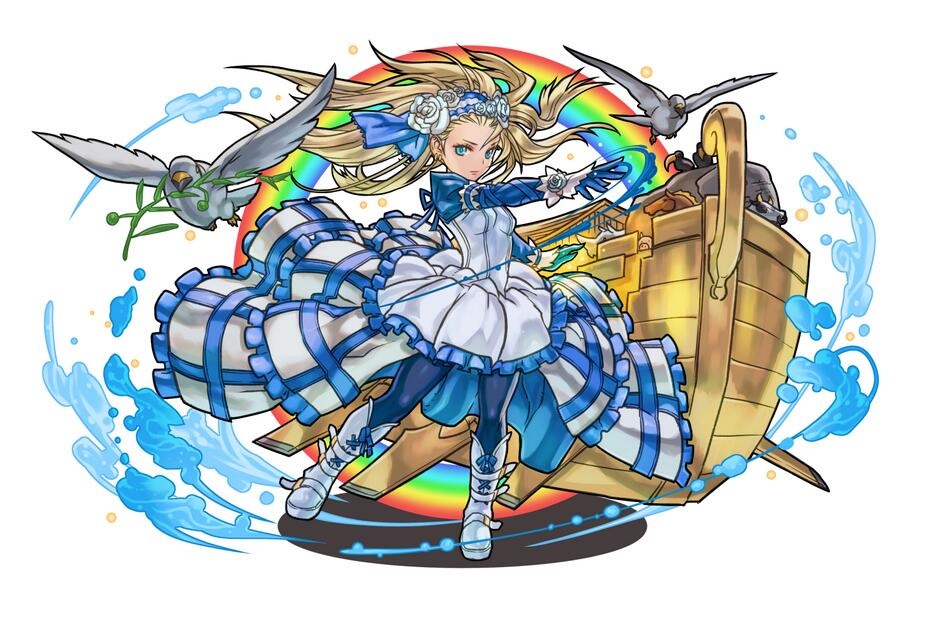 1girl, animal, bird, blonde_hair, blue_eyes, blue_legwear, boat, boots, branch, christianity, cow, dress, elephant, flower, frilled_dress, frills, hair_flower, hair_ornament, hairband, horse, jpeg_artifacts, lace-up_sleeves, long_hair, long_sleeves, noah's_ark, noah_(p&amp;d), official_art, pantyhose, puffy_long_sleeves, puffy_sleeves, puzzle_&amp;_dragons, rainbow, rhinoceros, ribbon, rose, solo, source_request, water, white_boots, white_dress, white_flower, white_rose