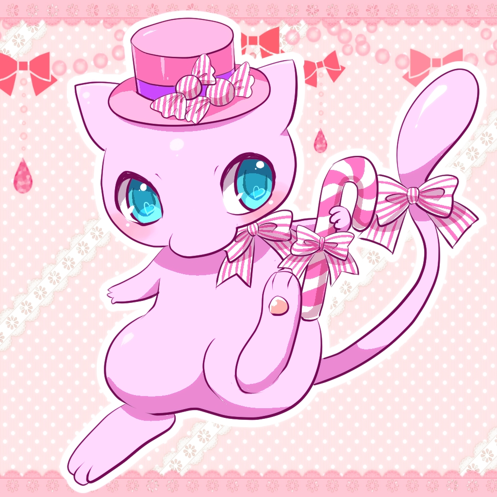 blue_eyes, bowtie, candy, candy_cane, hat, heart, kemoribon, mew