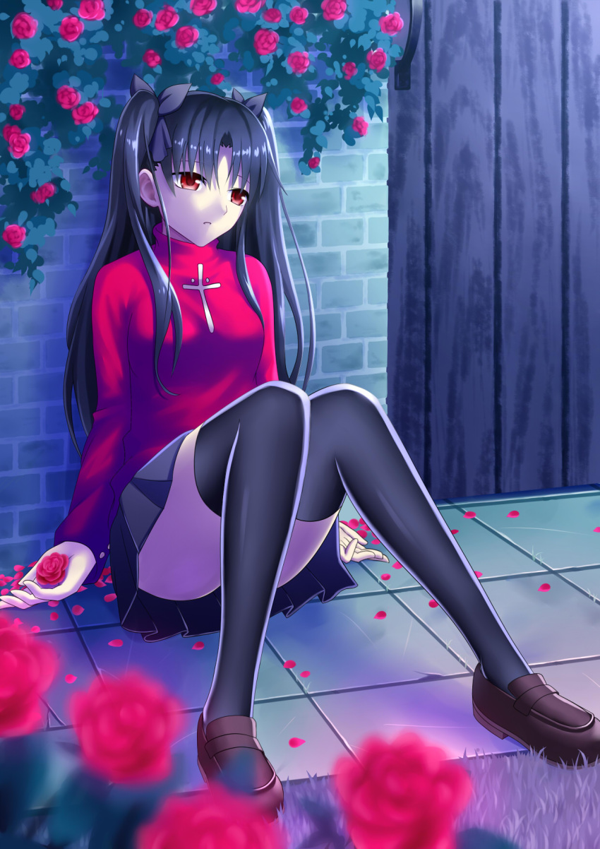1girl, black_hair, blurry, depth_of_field, egnis, fate/stay_night, fate_(series), flower, hair_ribbon, highres, long_hair, red_eyes, red_rose, ribbon, rose, solo, thigh-highs, tohsaka_rin, toosaka_rin, two_side_up