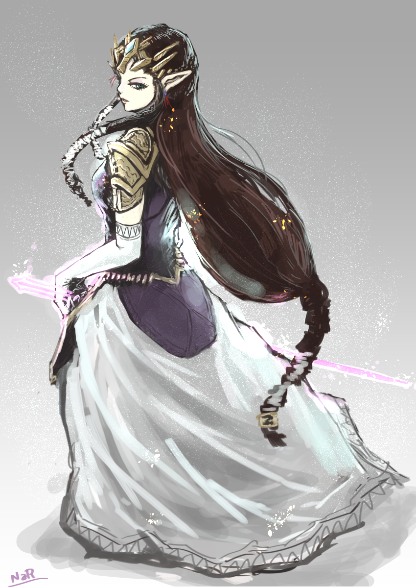 blue_eyes, brown_hair, dress, gloves, highres, long_dress, long_hair, nar_(natrium), nintendo, pointy_ears, princess_zelda, sword, the_legend_of_zelda, tiara, twilight_princess, weapon