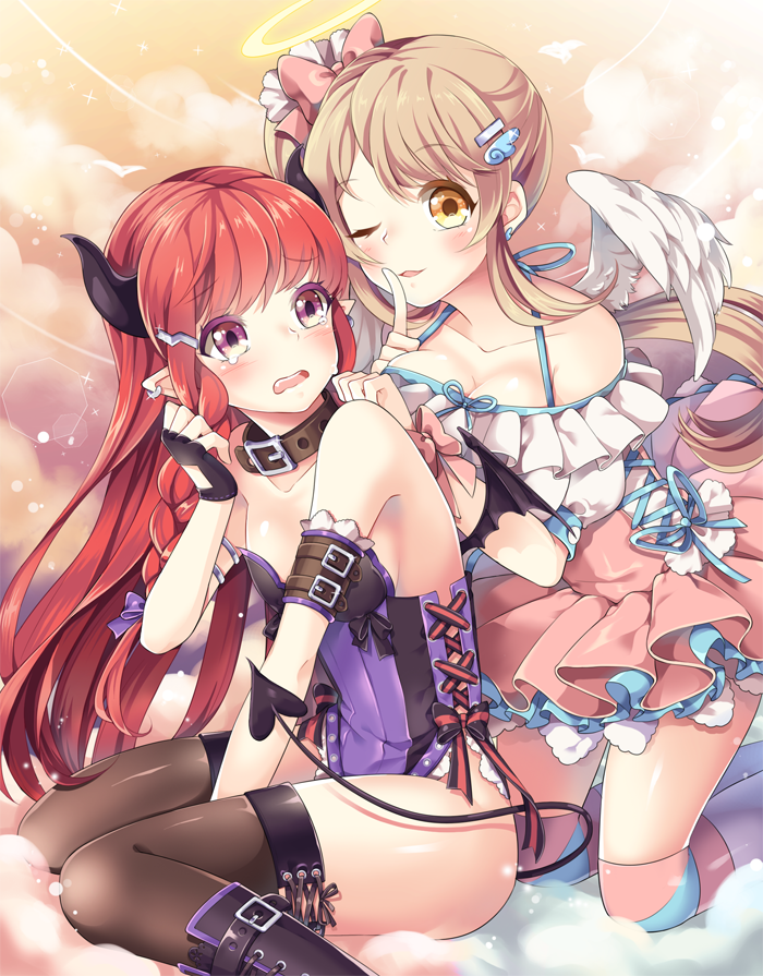 2girls, angel, angel_and_devil, blonde_hair, blush, breasts, collar, demon_girl, demon_horns, demon_tail, demon_wings, dress, feathered_wings, halo, horns, long_hair, looking_at_viewer, multiple_girls, one_eye_closed, original, pointy_ears, redhead, tail, tears, thigh-highs, violet_eyes, wings, yellow_eyes, yeni