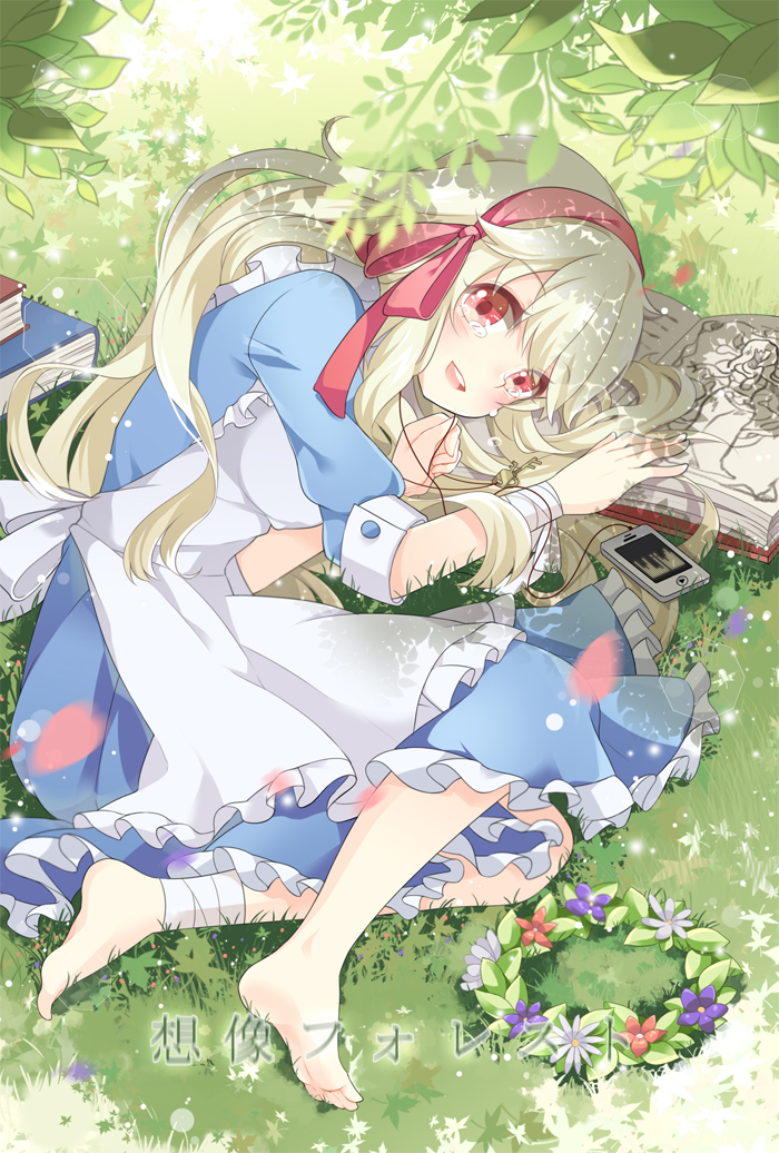 1girl, apron, blonde_hair, blush, book, digital_media_player, dress, frills