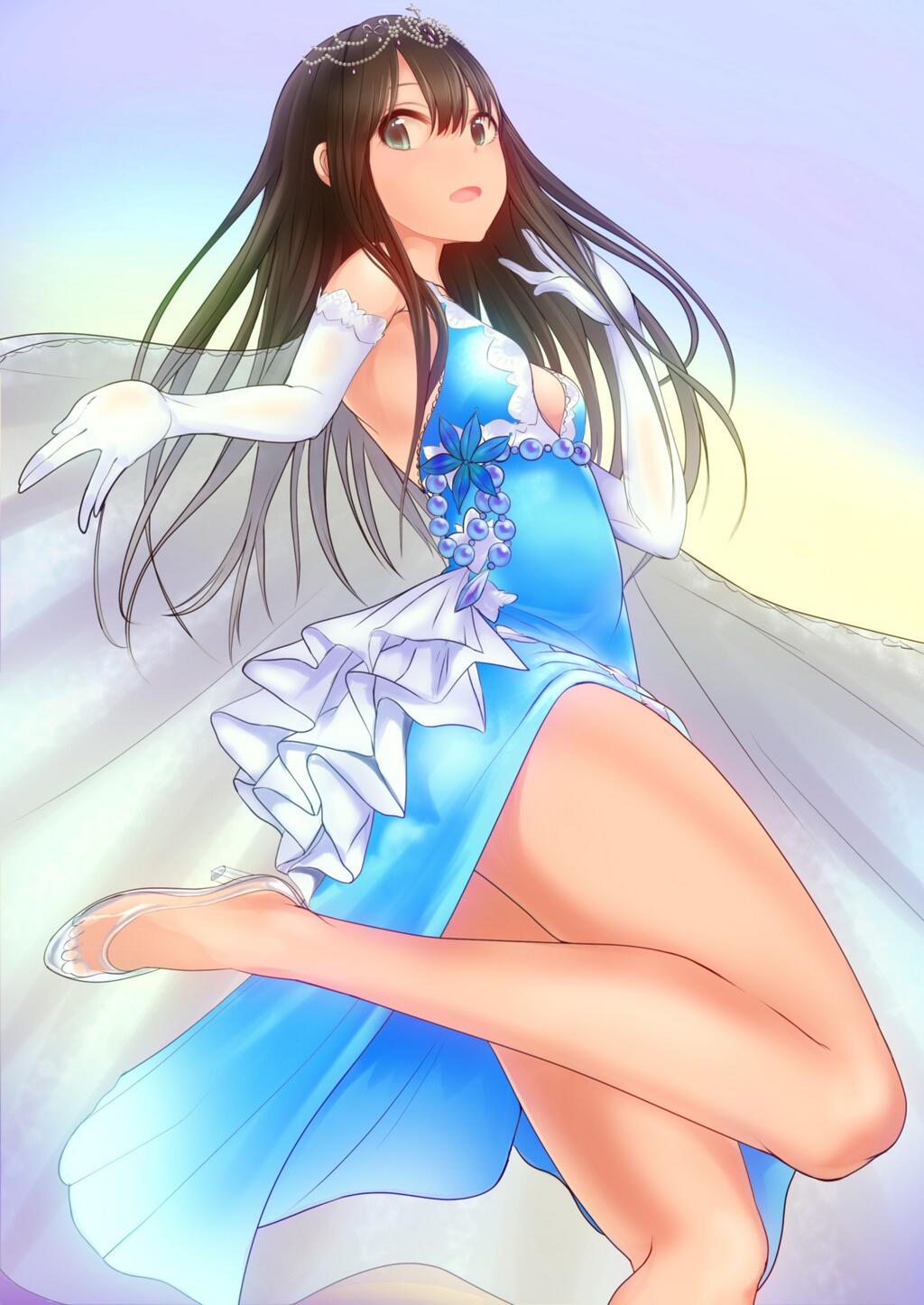 1girl, bare_legs, bare_shoulders, blue_dress, brown_hair, dress, elbow_gloves, glass_slipper
