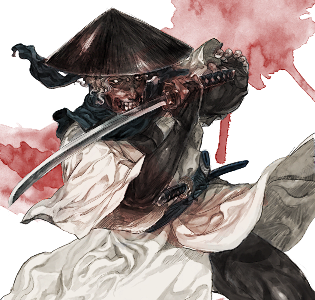 black_sclera, blood, fighting_stance, glowing, glowing_eyes, hat, japanese_clothes, katana