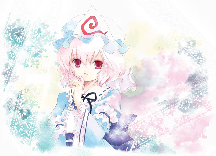 hat, japanese_clothes, nyoi, pink_hair, red_eyes, ribbon, saigyouji_yuyuko, short_hair