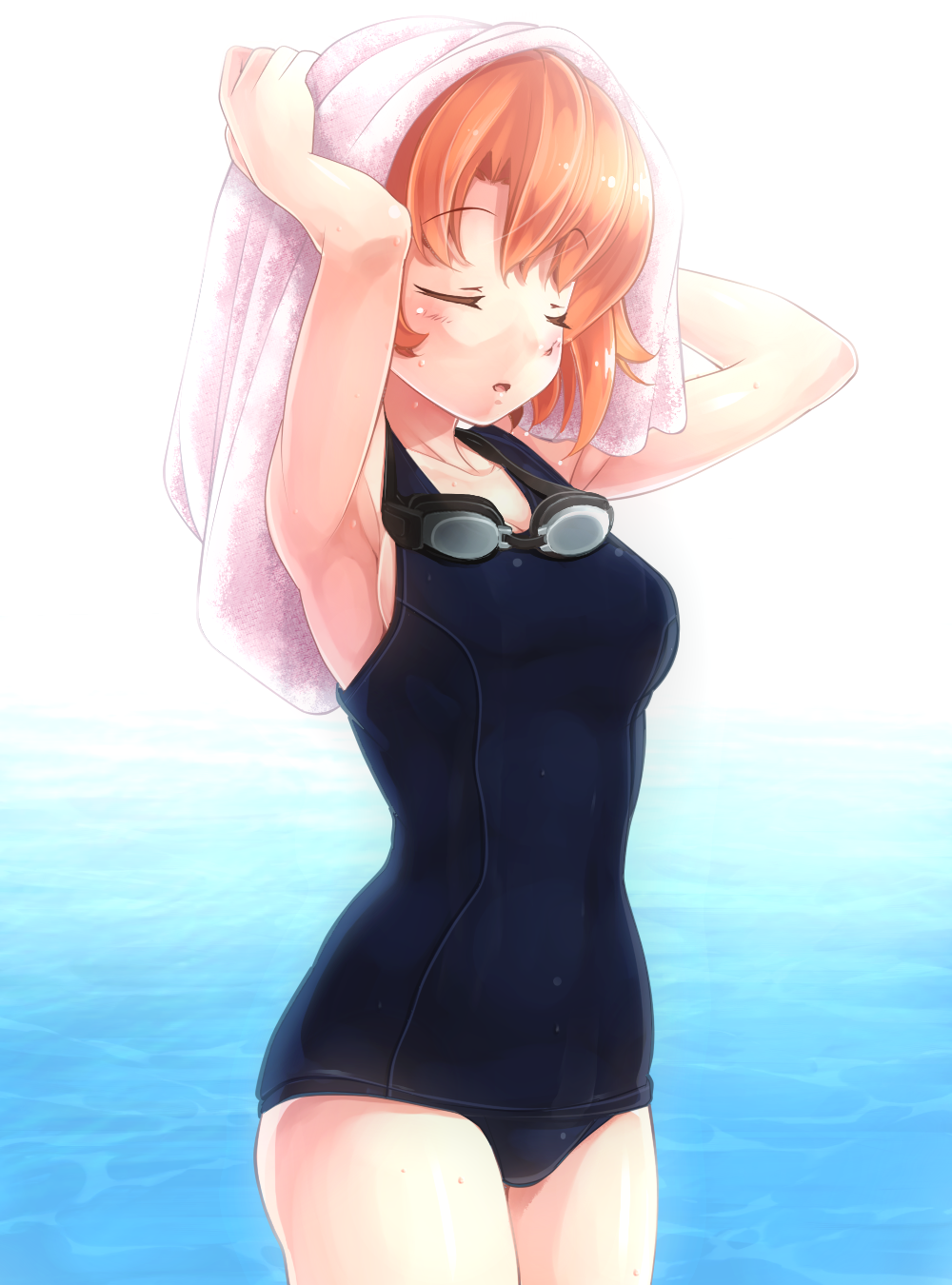 1girl, closed_eyes, highres, komimiyako, kurami_haruka, orange_hair, power_pro_kun_pocket_7, school_swimsuit, short_hair, standing, swimsuit, towel