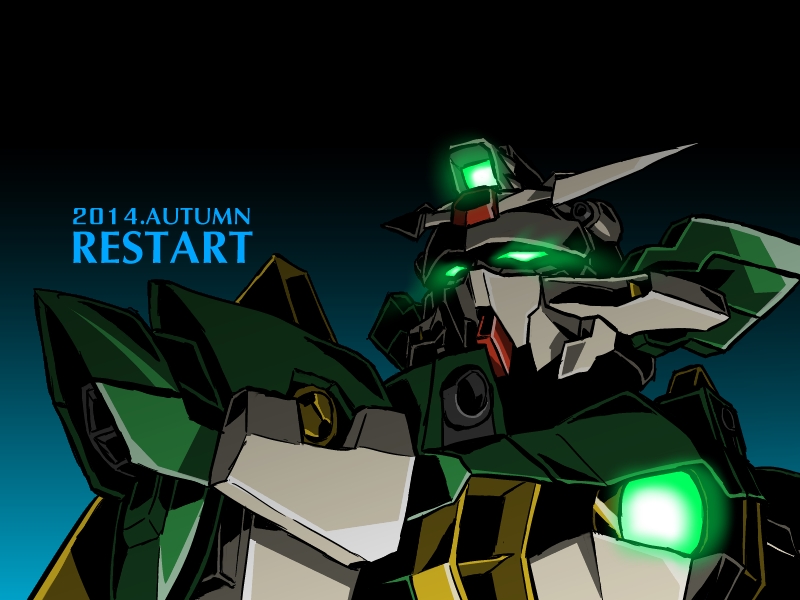announcement_celebration, english, glowing, glowing_eyes, green_eyes, gundam, gundam_build_fighters, mecha