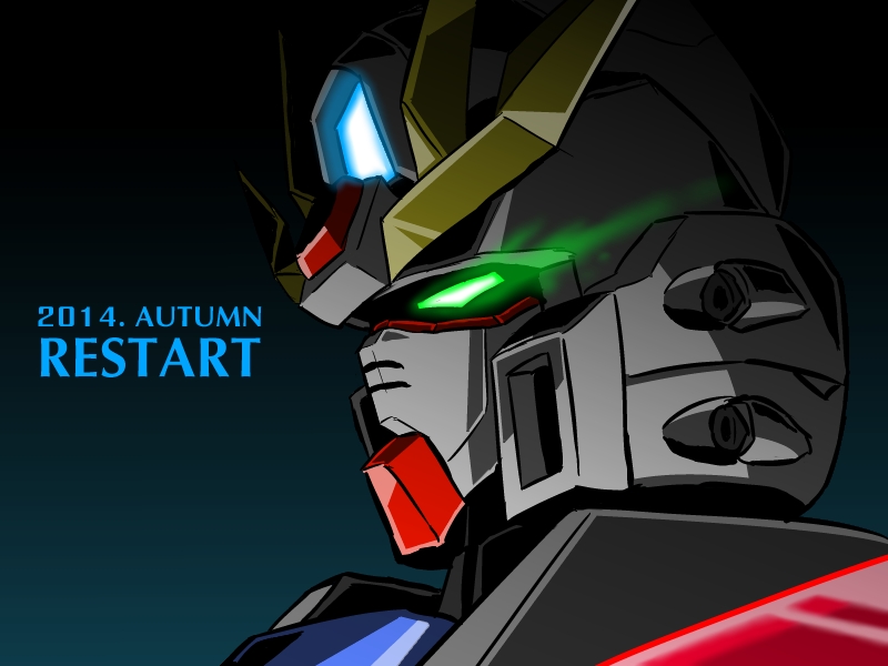 announcement_celebration, english, glowing, glowing_eyes, green_eyes, gundam, gundam_build_fighters, mecha