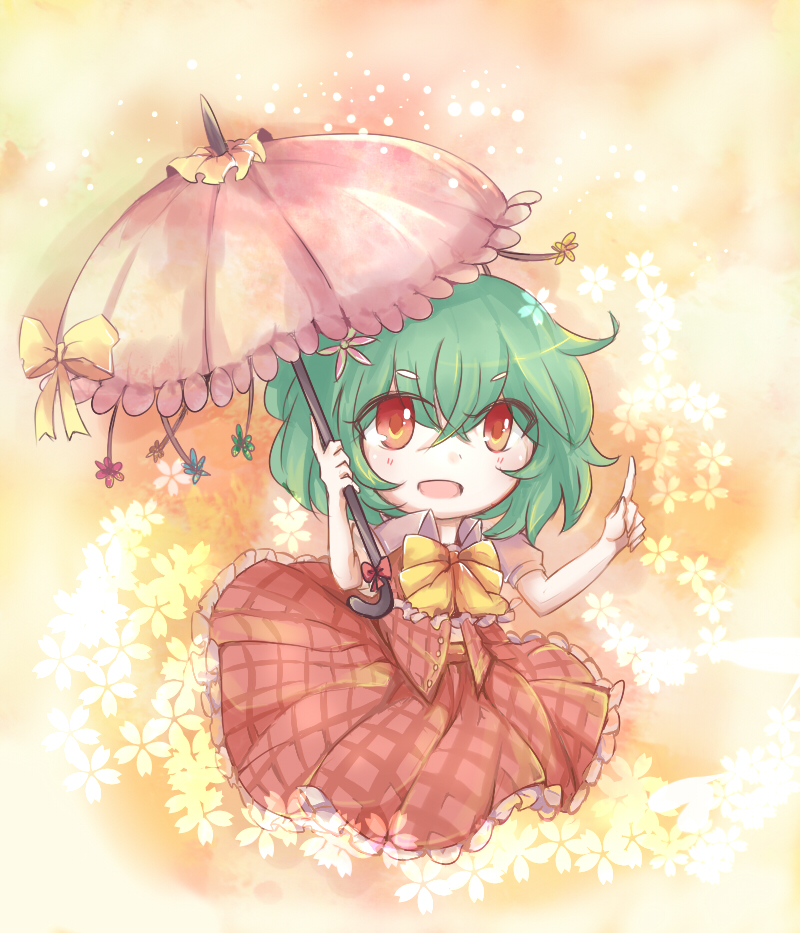1girl, bow, child, flower, green_hair, kazami_yuuka, looking_at_viewer, open_clothes