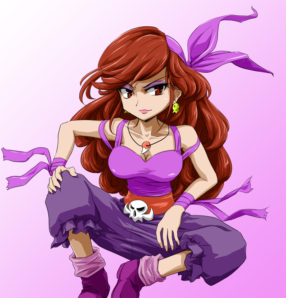 1girl, ankle_boots, bandana, bare_shoulders, boots, breasts, capri_pants, captain_syrup