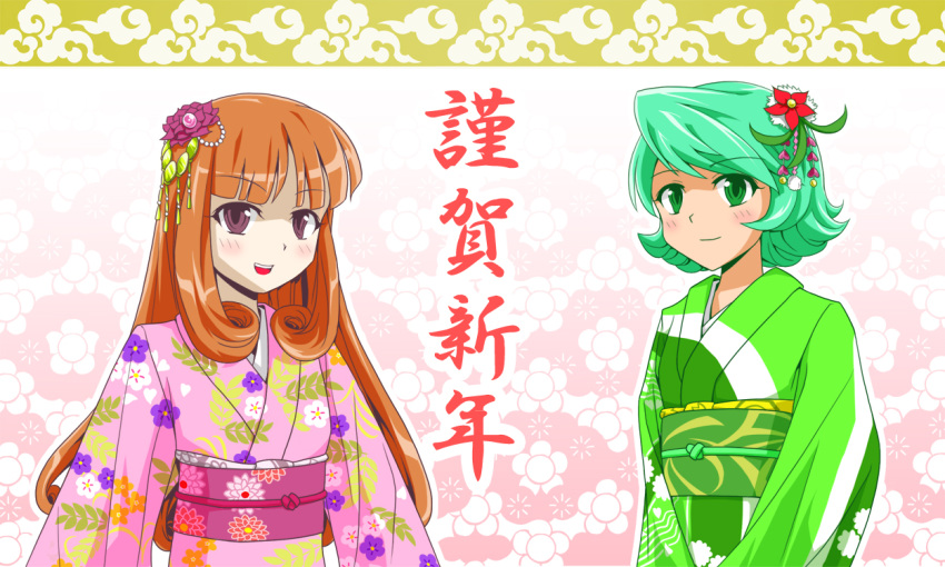 2girls, alternate_costume, aqua_hair, blush, flower, green_eyes, hair_flower, hair_ornament, japanese_clothes, kimono, long_hair, super_mario_bros., multiple_girls, obi, orange_hair, queen_merelda, runner_(rannaa), sash, shokora-hime, short_hair, smile, translated, violet_eyes, wario_land