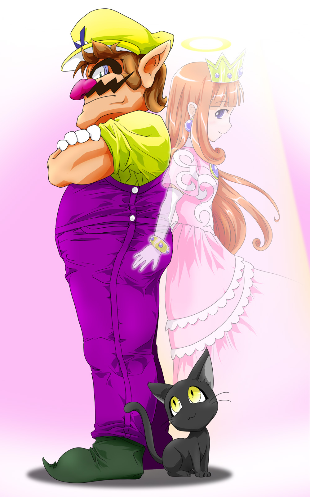 1boy, 1girl, back-to-back, black_cat, bracelet, brown_hair, cat, crossed_arms