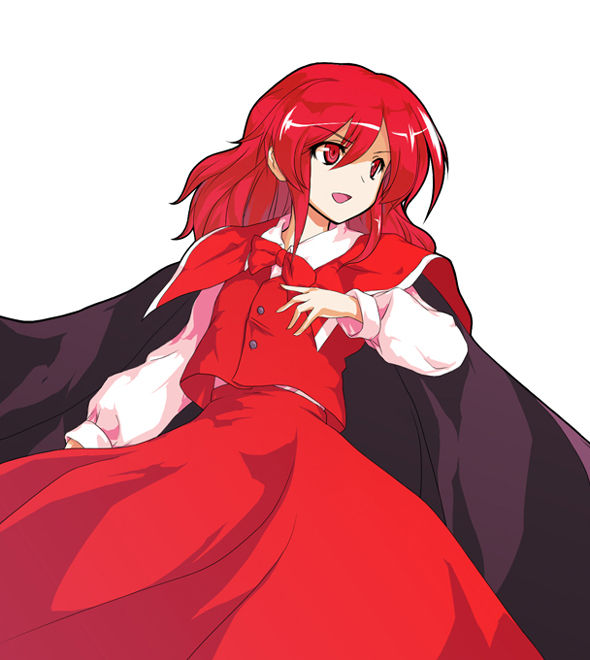 cape, okazaki_yumemi, parody, red_eyes, red_hair, redhead, serene_(gusarme), solo, style_parody, touhou, touhou_(pc-98)