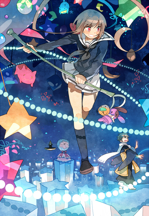 2boys, 2girls, a_(kyousougiga), black_legwear, bow, brown_hair, dress, getiao