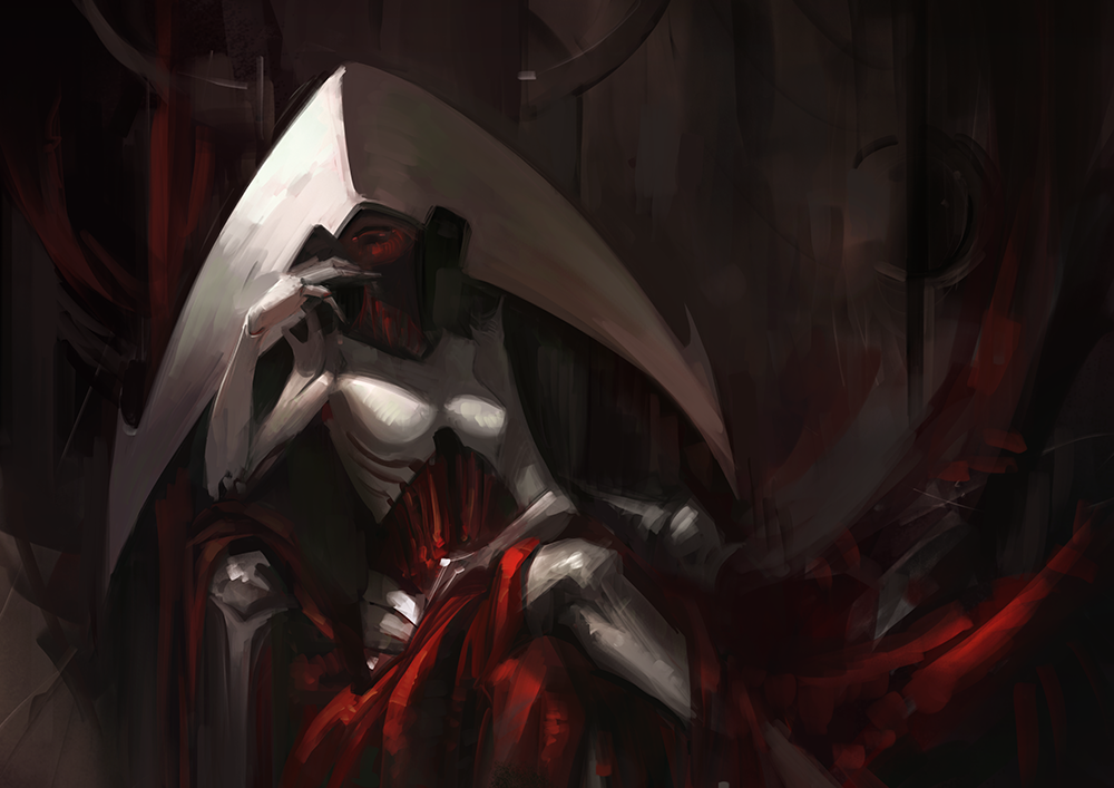 1girl, 34_(hakunimu), crossed_legs, elesh_norn, magic:_the_gathering, monster_girl, no_eyes, red_skin