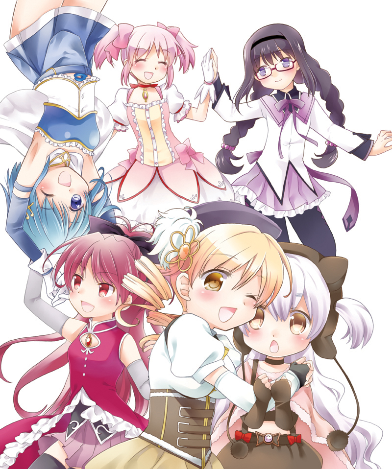 5girls, :d, akemi_homura, bare_shoulders, beret, black_hair, black_legwear, blonde_hair, blue_eyes, blue_hair, bow, braid, bubble_skirt, cape, choker, closed_eyes, corset, detached_sleeves, drill_hair, fingerless_gloves, glasses, gloves, hair_bow, hair_ornament, hairband, hairclip, hairpin, hands_together, hat, hug, kaname_madoka, long_hair, looking_at_another, looking_at_viewer, magical_girl, mahou_shoujo_madoka_magica, mahou_shoujo_madoka_magica_movie, miki_sayaka, momoe_nagisa, multiple_girls, one_eye_closed, open_mouth, pantyhose, pink_hair, pleated_skirt, ponytail, puffy_sleeves, red-framed_glasses, red_eyes, redhead, sakura_kyouko, semi-rimless_glasses, short_hair, short_twintails, simple_background, skirt, smile, spoilers, thigh-highs, tomoe_mami, twin_braids, twin_drills, twintails, two_side_up, under-rim_glasses, usami_wataru, violet_eyes, white_background, white_gloves, white_hair, yellow_eyes, zettai_ryouiki