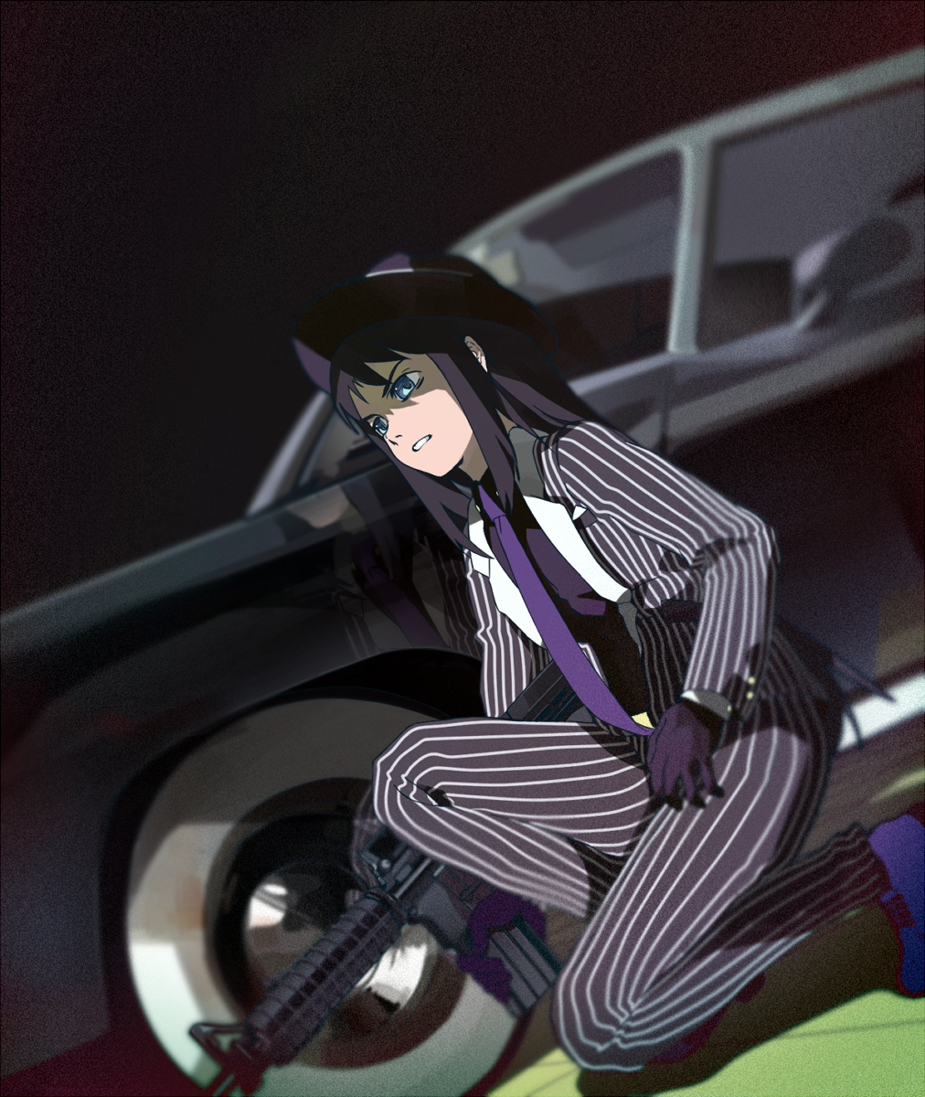 1girl, akemi_homura, assault_rifle, black_gloves, black_hair, car, formal, gangster