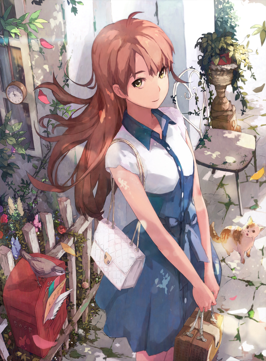 1girl, bag, bird, bow, cat, chair, clock, dress