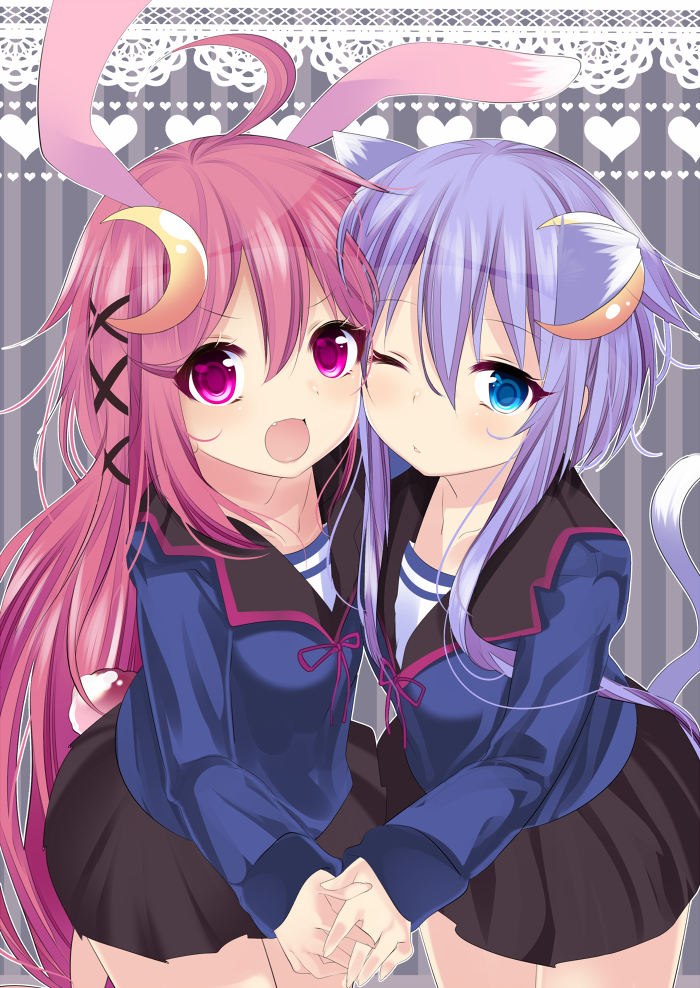 2girls, :p, ahoge, blue_eyes, blush, bunny_hair_ornament, crescent_hair_ornament, hair_ornament
