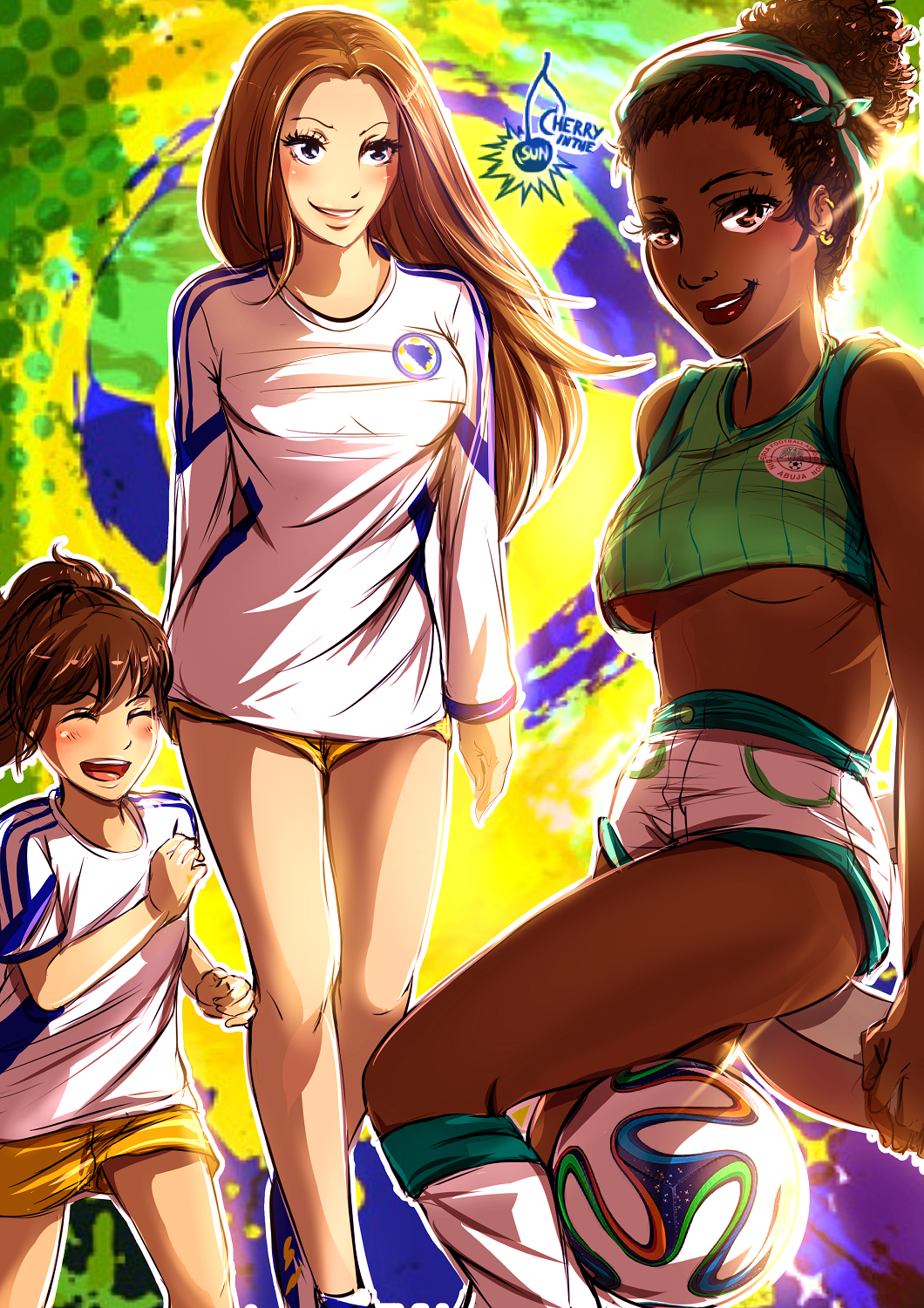 2014_fifa_world_cup, 3girls, ball, blue_eyes, bosnia_and_herzegovina, brazuca, breasts, brown_eyes