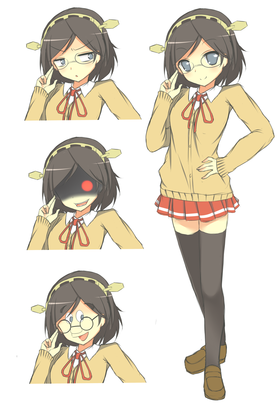 1girl, alternate_costume, black_hair, cardigan, expressions, glasses, hairband, highres