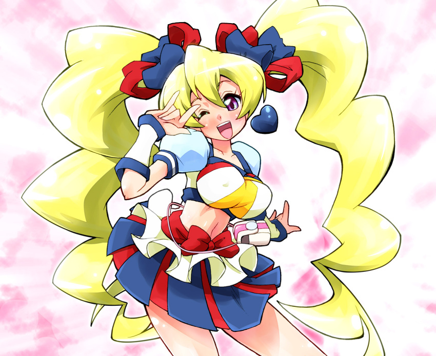 1girl, ;d, \m/, alternate_form, blonde_hair, blue_skirt, bow, cosplay
