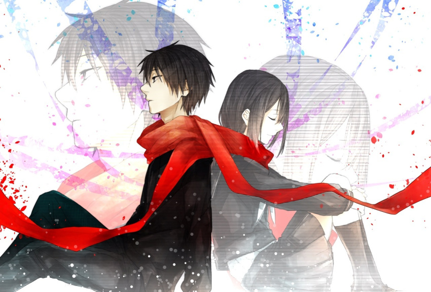 1boy, 1girl, back-to-back, black_hair, closed_eyes, kagerou_project, kisaragi_shintarou, long_hair