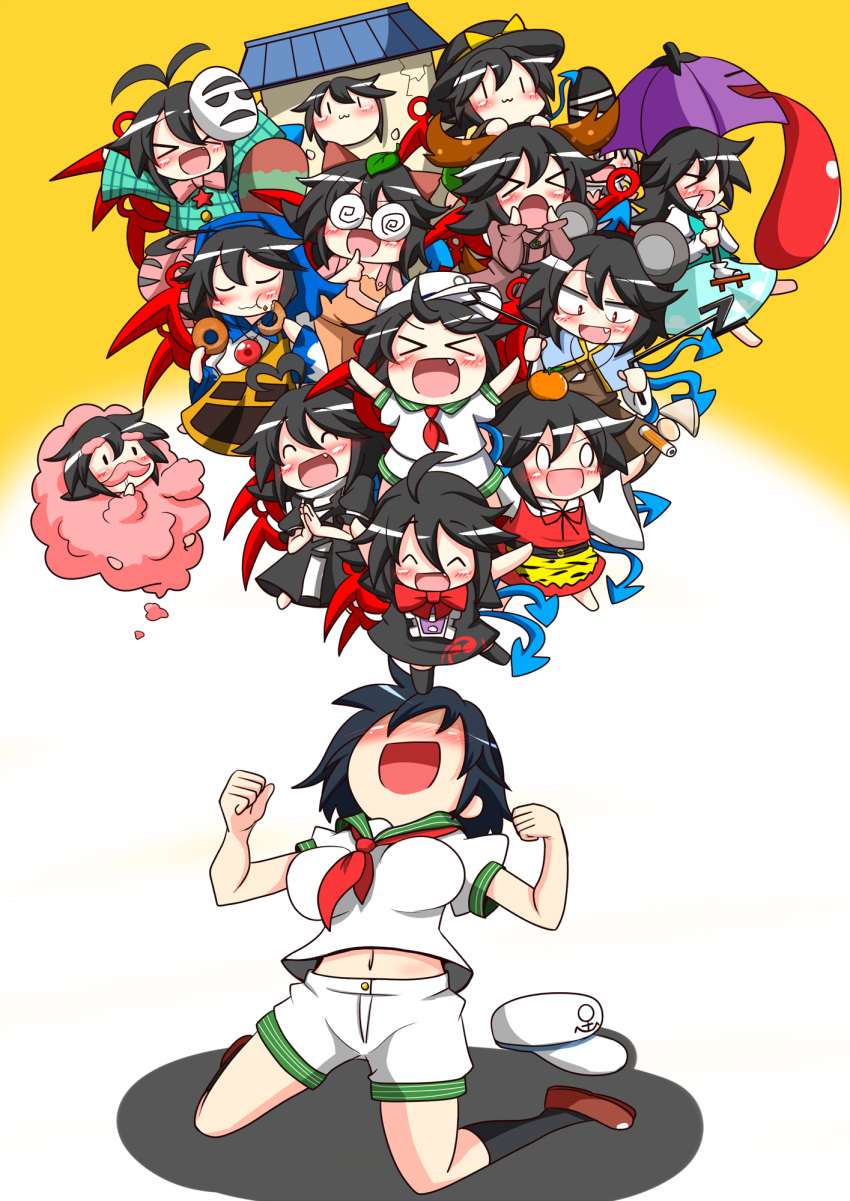>_<, animal_ears, asymmetrical_wings, black_hair, blush, capelet, chibi, cosplay