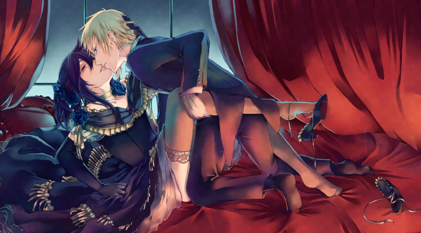 2boys, bare_shoulders, bed, blue_eyes, bow, bridal_gauntlets, brown_hair, choker