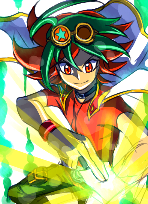 1boy, ahoge, card, glowing, goggles, green_hair, jacket, jacket_on_shoulders