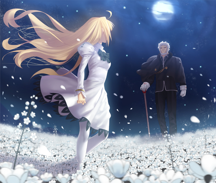 1boy, 1girl, arcueid_brunestud, blonde_hair, cane, child, dress, facing_away