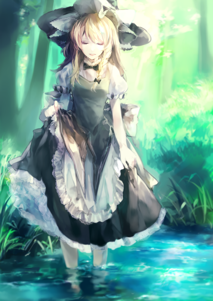 1girl, asuna_(i_luv), blonde_hair, bow, braid, closed_eyes, dress, dress_lift