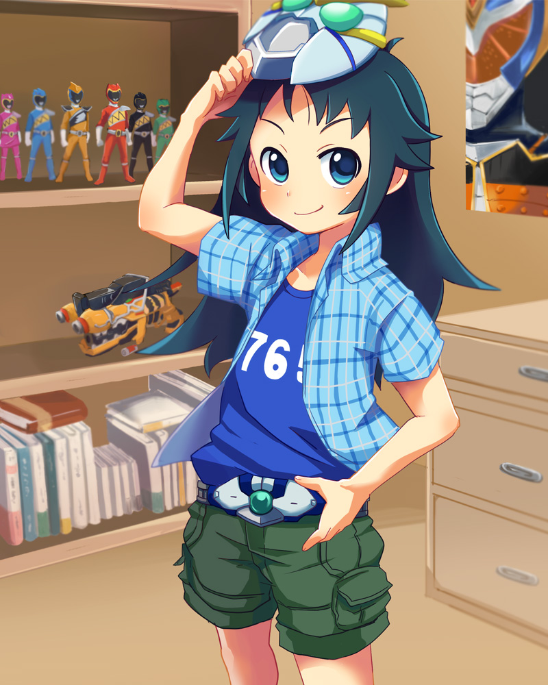 1girl, belt, black_hair, blue_eyes, bookshelf, casual, chobota, clothes_writing