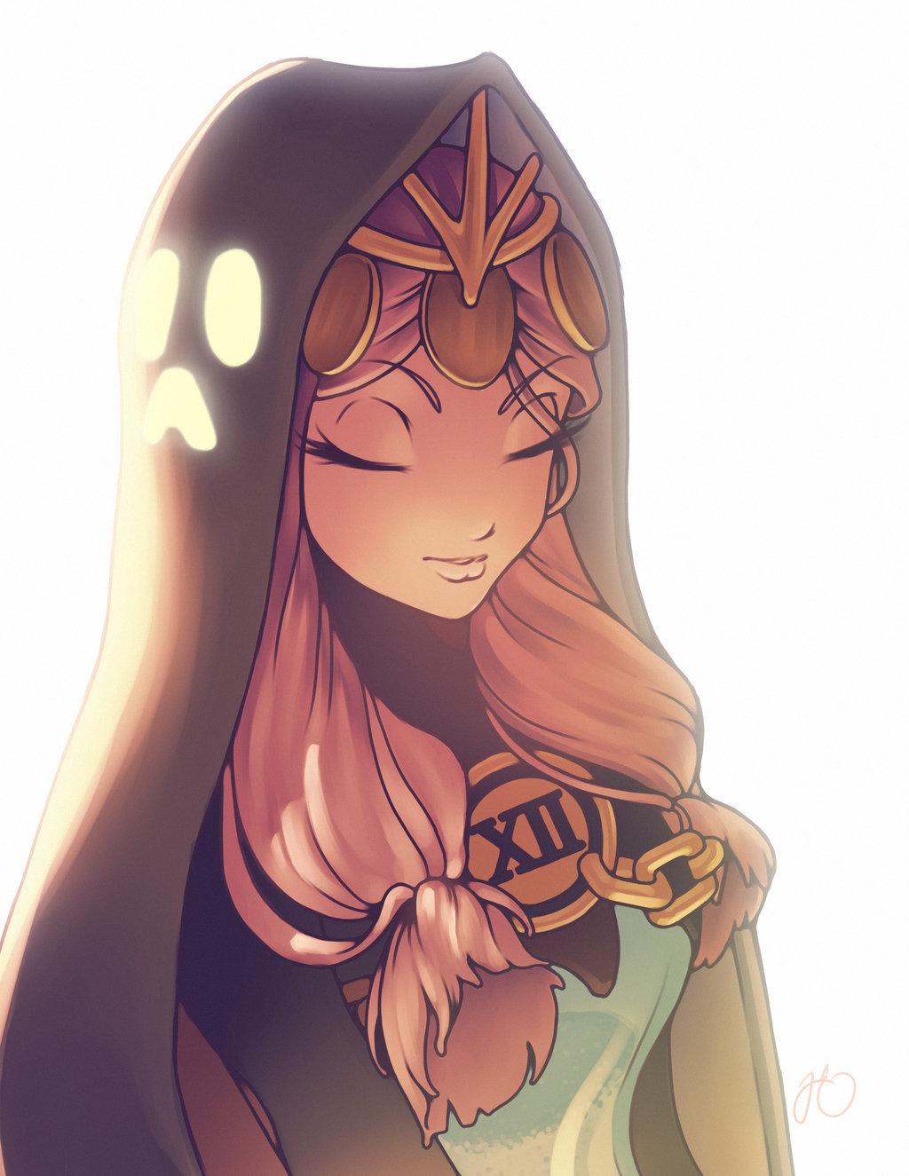 1girl, aeon_(skullgirls), closed_eyes, highres, hood, hourglass, long_hair, pink_hair