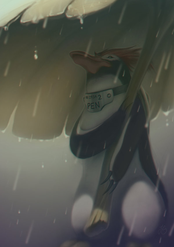 bird, neon_genesis_evangelion, no_humans, penguin, penpen, rain, solo, tristion_edison