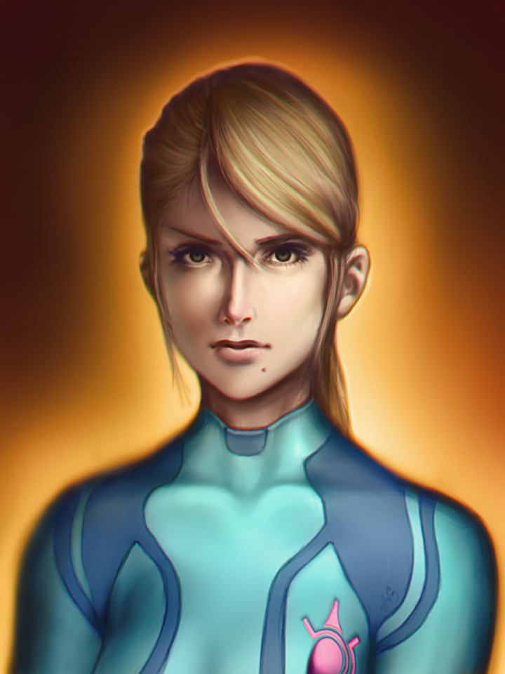 1girl, blonde_hair, bodysuit, bust, collarbone, eyelashes, lips, long_hair, metroid, mole, nose, ponytail, realistic, samus_aran, skin_tight, solo, tristion_edison, zero_suit