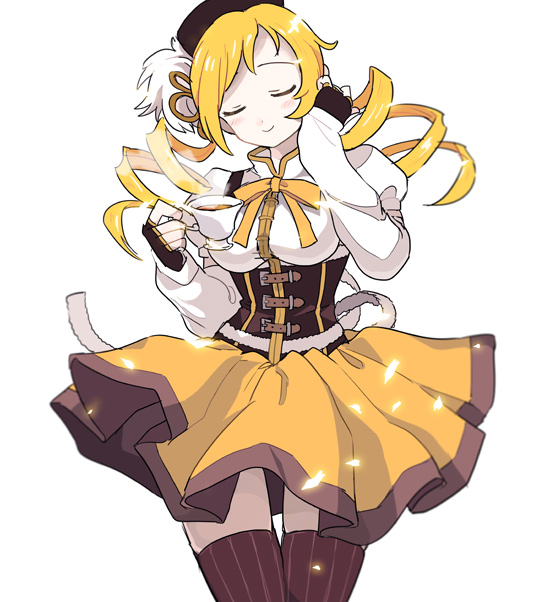 1girl, beret, blonde_hair, breasts, closed_eyes, corset, cup, drill_hair, fingerless_gloves, gloves, hair_ornament, hairpin, hat, long_hair, magical_girl, mahou_shoujo_madoka_magica, saji_(mei-low), skirt, smile, solo, striped, striped_legwear, teacup, thigh-highs, tomoe_mami, twin_drills, vertical-striped_legwear, vertical_stripes