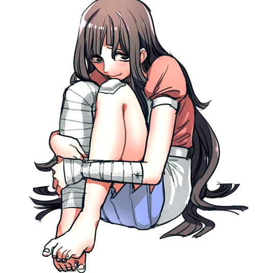 1girl, bandages, bandaid, bandaid_on_knee, barefoot, brown_hair, character_request, leg_hug