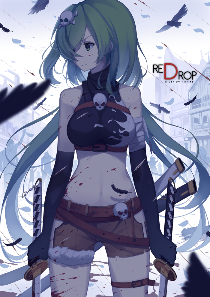 1girl, artist_name, bandaged_arm, bandages, bare_shoulders, belt, bird, black_gloves, blood, blood_on_face, blood_splatter, breasts, building, crop_top, dual_wielding, elbow_gloves, english, feathers, fur_trim, gloves, green_hair, hair_ornament, hair_over_one_eye, halter_top, halterneck, holding, holding_sword, katana, leg_belt, long_hair, looking_away, midriff, original, rizky_(strated), shirt, short_shorts, shorts, skull, skull_and_crossbones, skull_hair_ornament, solo_focus, sword, very_long_hair, weapon