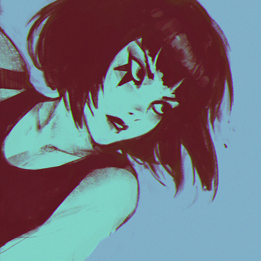 1girl, blue, blue_background, bust, dutch_angle, face, faith_connors, ilya_kuvshinov